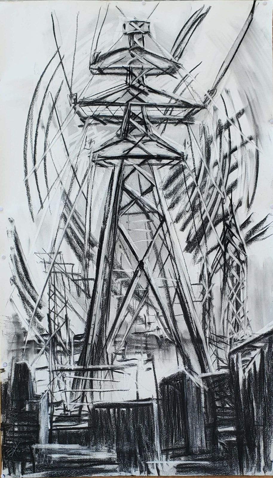 Charcoal and pastel drawing of an Ontario hydro Tower