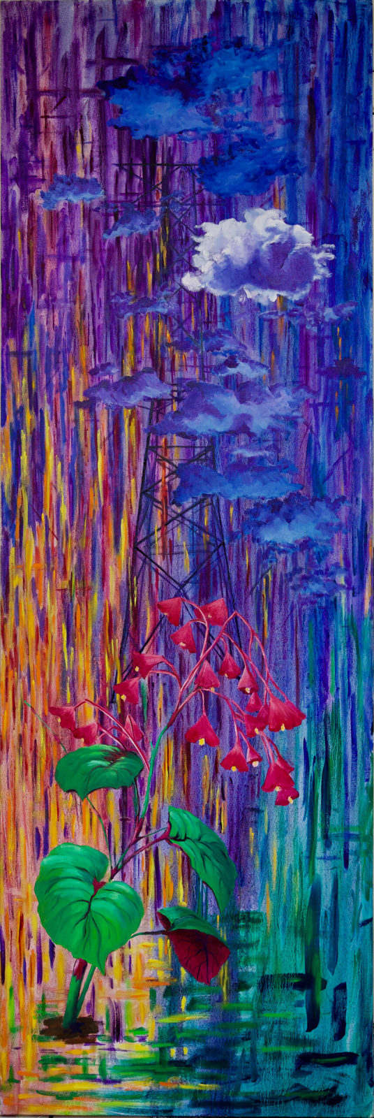 oil painting on stretched canvas of a hardy pirouette begonia in front of a backdrop of a sunset with the horizon turned on it’s side. The many clouds in the sky are shown with the colours inverted, what’s dark is light and what’s white is dark