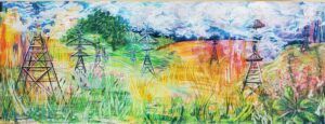 colourful drawing of hydro towers in fields with forests and lily pads and bullrushes and cattails and a smoke bush and hills