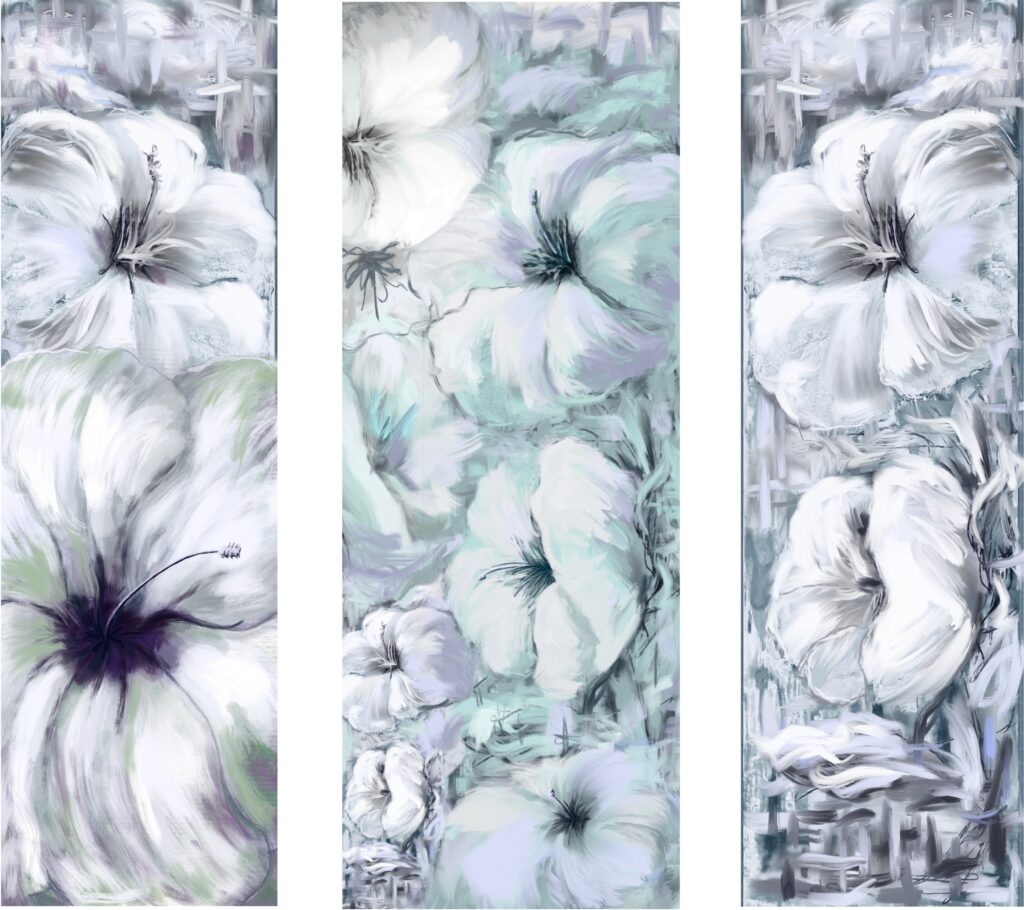stylized and abstracted images of hibiscus flowers in greys, blues, greens, mauves
